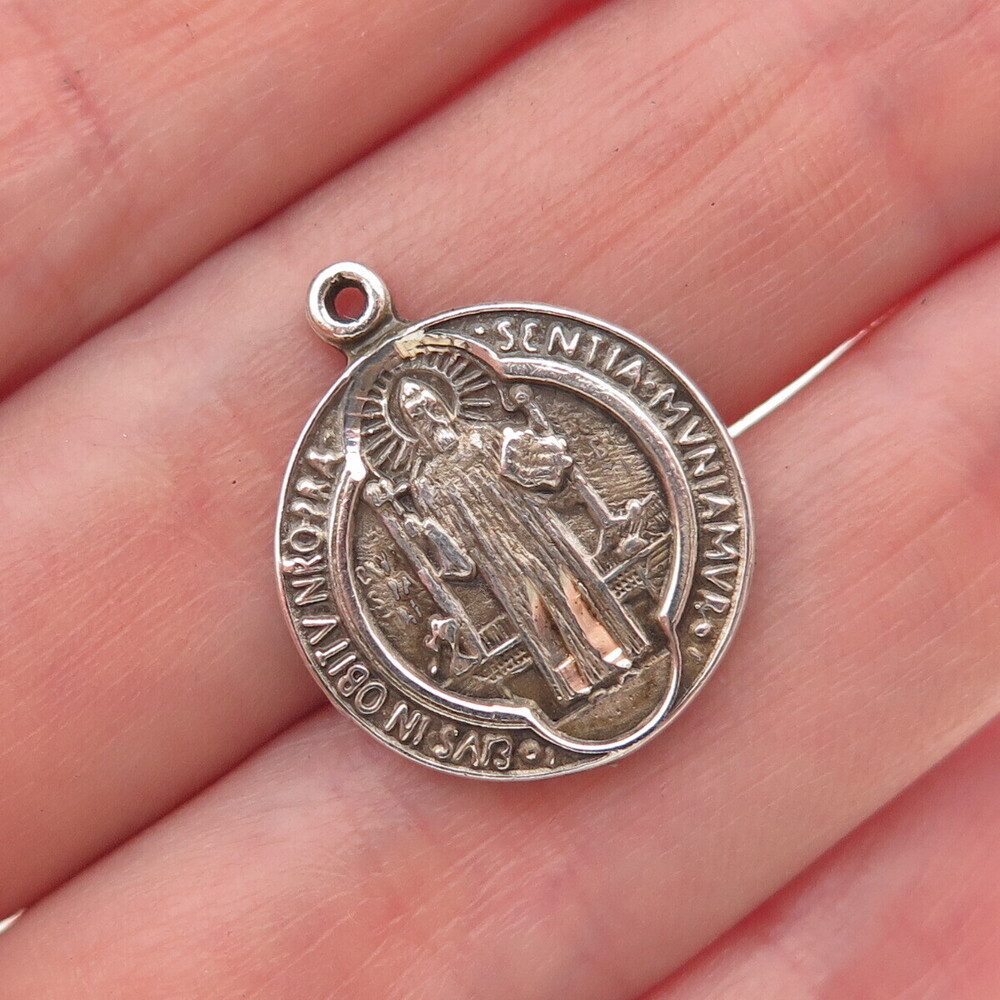925 Sterling Silver Vintage Saint Benedict Oxidized Mini Charm Pendant